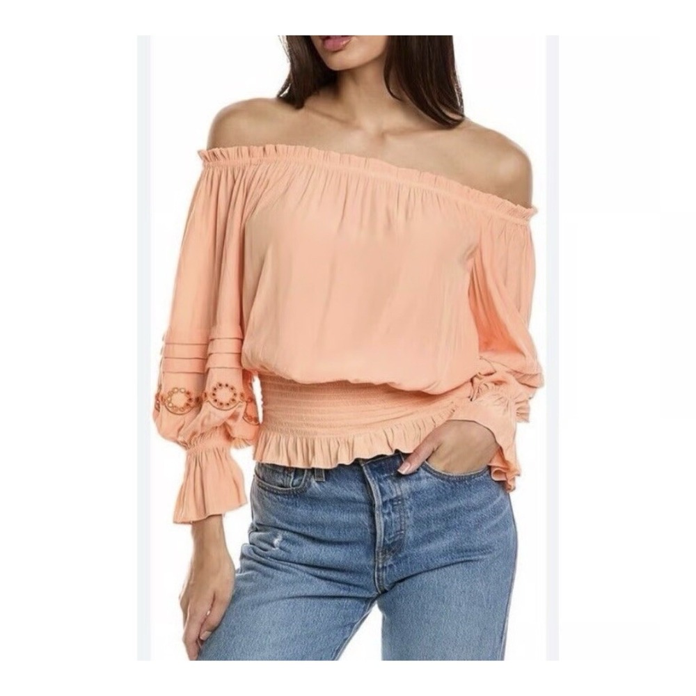 Ramy Brook Off The Shoulder Clara Top Size Small Peach Smock Waist Beading